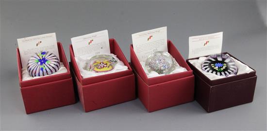 Four Perthshire limited edition glass paperweights; 5.5cm - 7.5cm, all boxed